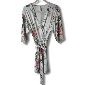 Flora Nikrooz Floral Bird Print Wrap Kimono Robe Lace Cuff 2 Pocket White Sz. XS